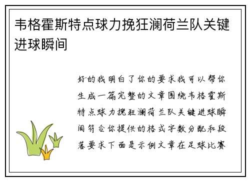 韦格霍斯特点球力挽狂澜荷兰队关键进球瞬间